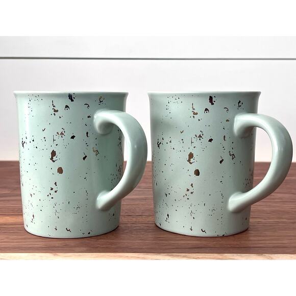 Hearth & Hand by Magnolia Two Matte Green Gold Speck Mugs Cups Stoneware 16oz - Picture 1 of 14